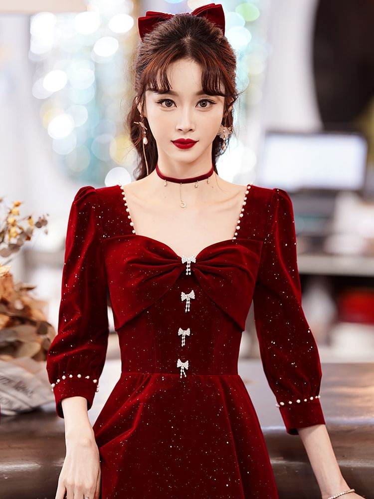 3/4-Sleeve Square Neck Plain Glitter Midi A-Line Party Dress
