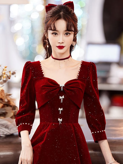 3/4-Sleeve Square Neck Plain Glitter Midi A-Line Party Dress