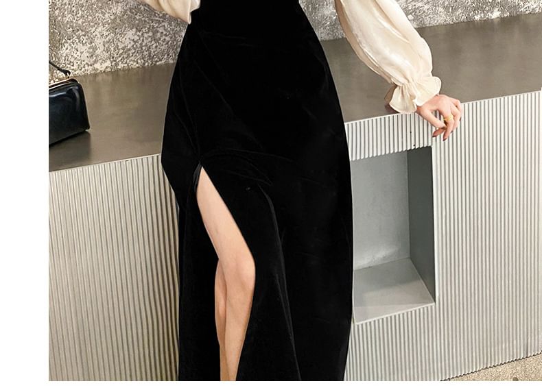 Long-Sleeve Cold Shoulder Two Tone A-Line Evening Gown