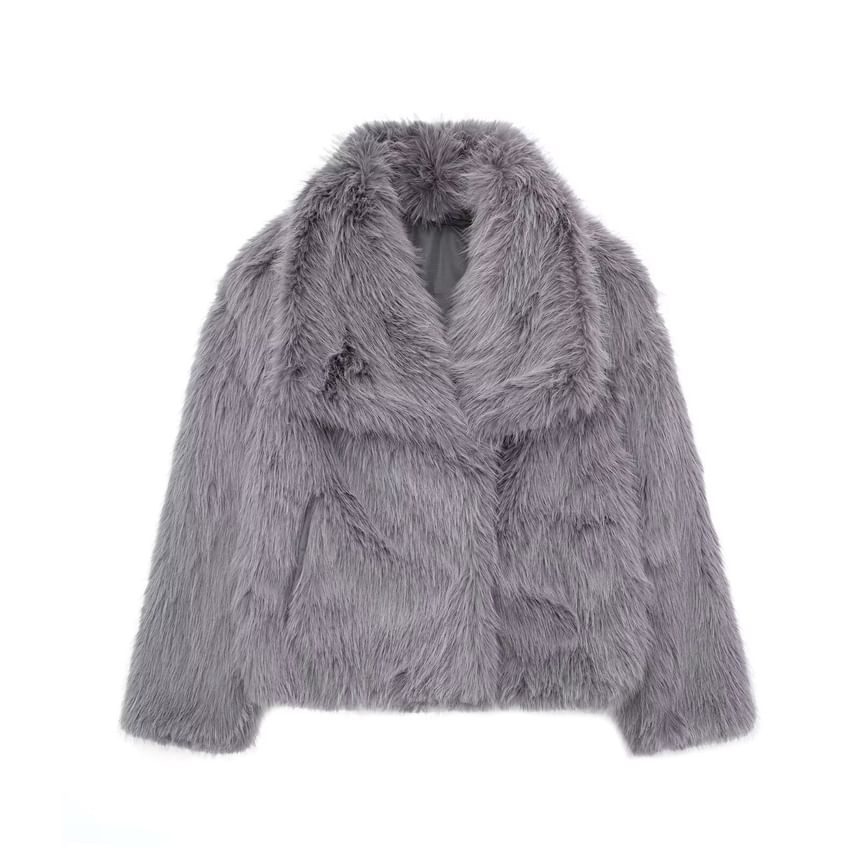 Collared Plain Fluffy Open Front Jacket