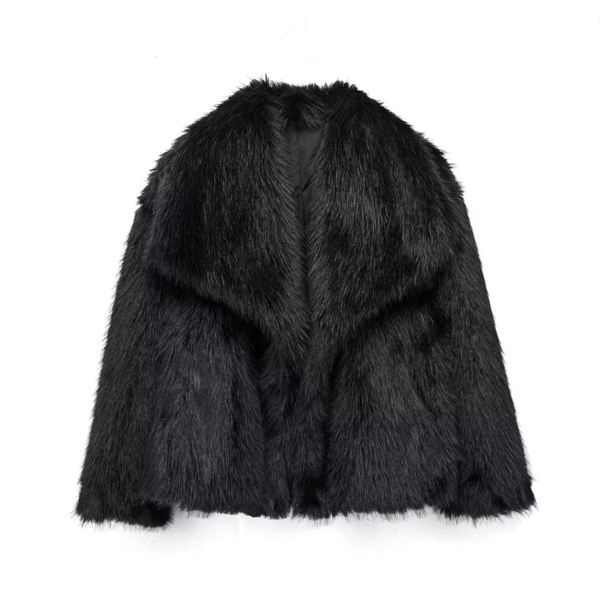 Collared Plain Fluffy Open Front Jacket