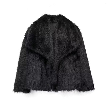 Collared Plain Fluffy Open Front Jacket