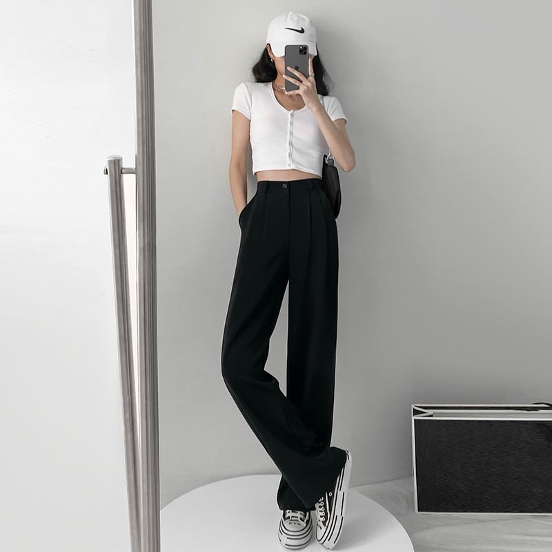 High-Waist Plain Straight Leg Dress Pants