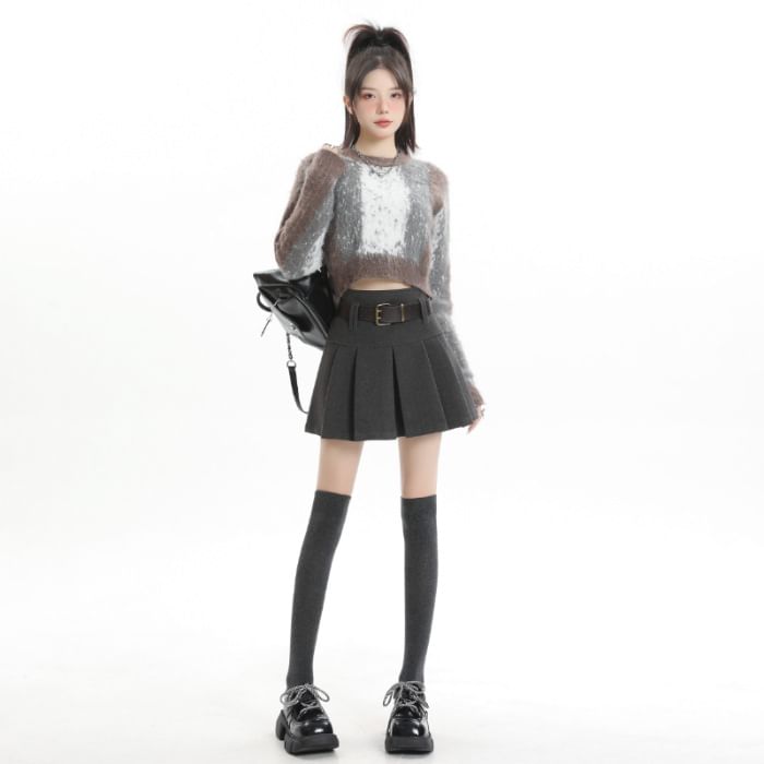High-Rise Solid Pleated Mini A-Line Skirt