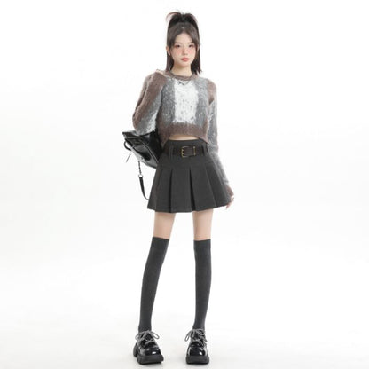 High-Rise Solid Pleated Mini A-Line Skirt