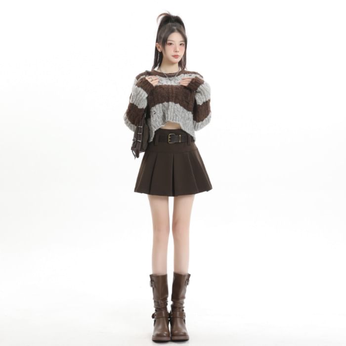 High-Rise Solid Pleated Mini A-Line Skirt
