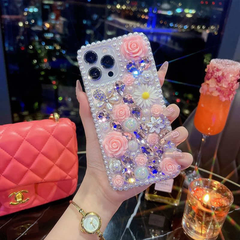 Rhinestone Phone Case Floral