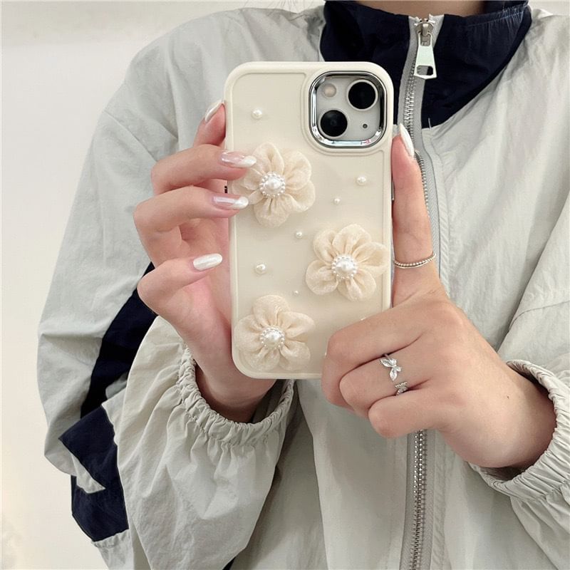 Floral Lace Faux Pearl Phone Case - iPhone 15 Pro Max / 15 Pro / 15 Plus / 15 / 14 Pro Max / 14 Pro / 14 Plus / 14 / 13 Pro Max / 13 Pro / 13 / 13 mini / 12 Pro Max / 12 Pro / 12 / 12 mini / 11 Pro Max / 11 Pro / 11 / SE / XS Max / XS / XR / X