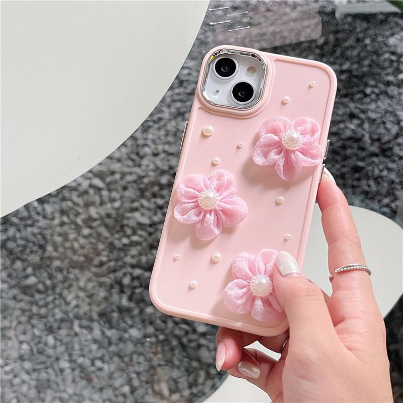 Floral Lace Faux Pearl Phone Case - iPhone 15 Pro Max / 15 Pro / 15 Plus / 15 / 14 Pro Max / 14 Pro / 14 Plus / 14 / 13 Pro Max / 13 Pro / 13 / 13 mini / 12 Pro Max / 12 Pro / 12 / 12 mini / 11 Pro Max / 11 Pro / 11 / SE / XS Max / XS / XR / X