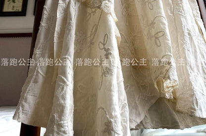 Long-Sleeve Mandarin Collar Plain Ruffle Frog Closure Midi A-Line Dress