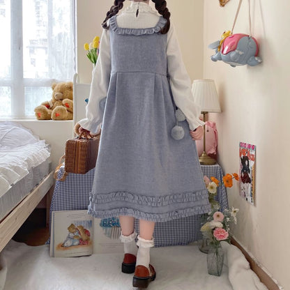 Long-Sleeve Mock Neck Plain Ruffle Top / Square Neck Plain Ruffle Heart Button Midi A-Line Overall Dress