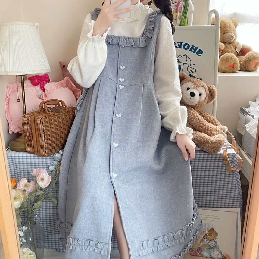 Long-Sleeve Mock Neck Plain Ruffle Top / Square Neck Plain Ruffle Heart Button Midi A-Line Overall Dress