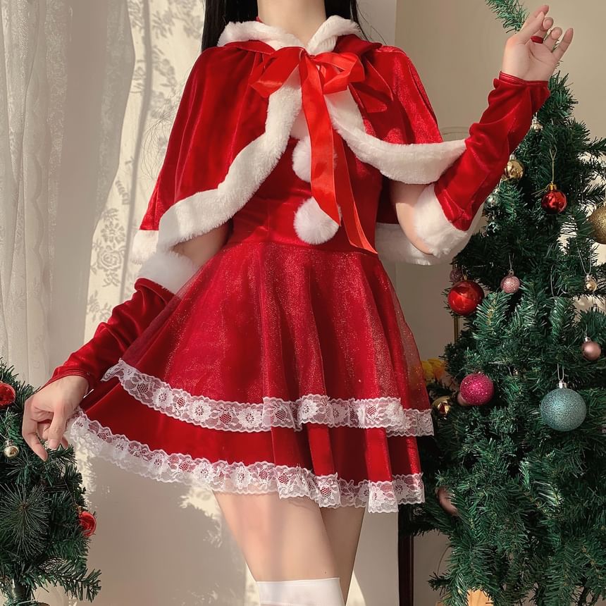 Pom Pom Ruffle Velvet Mini A-Line Tube Dress / Arm Sleeves / Tie Front Capelet / Christmas Party Costume Set