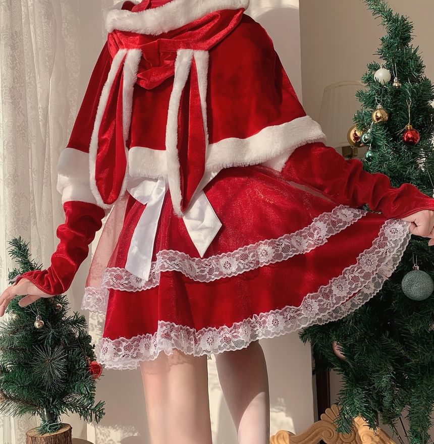 Pom Pom Ruffle Velvet Mini A-Line Tube Dress / Arm Sleeves / Tie Front Capelet / Christmas Party Costume Set