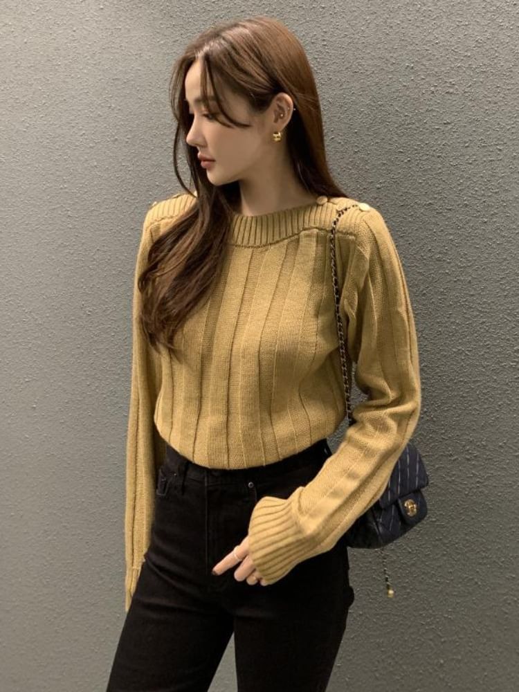 Long-Sleeve Crewneck Plain Knit Top