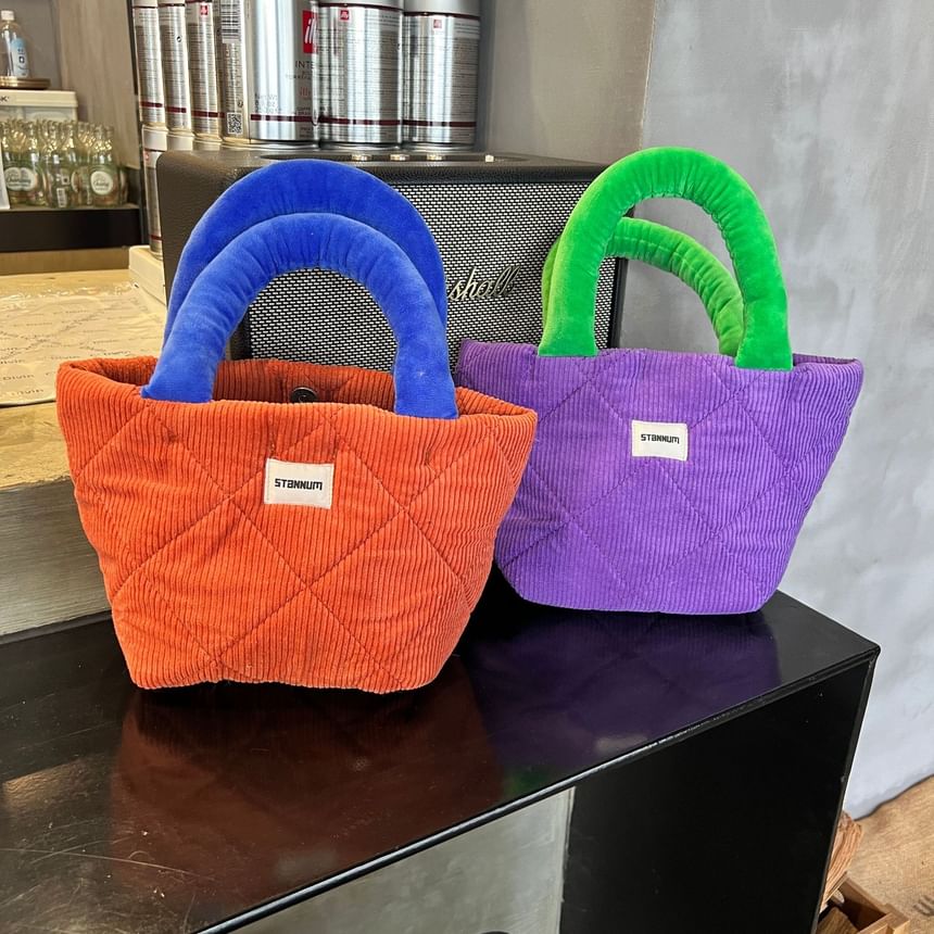 Two Tone Quilted Corduroy Small Tote Bag