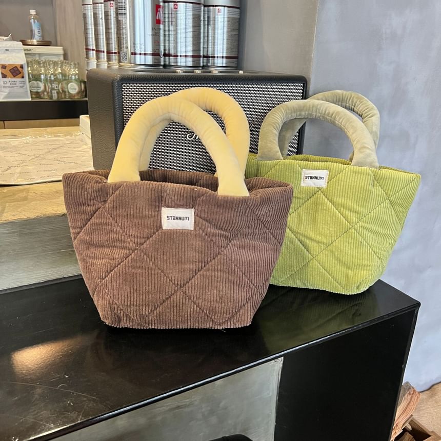 Two Tone Quilted Corduroy Small Tote Bag