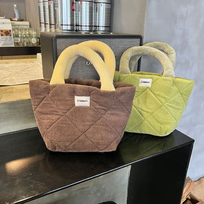 Two Tone Quilted Corduroy Small Tote Bag