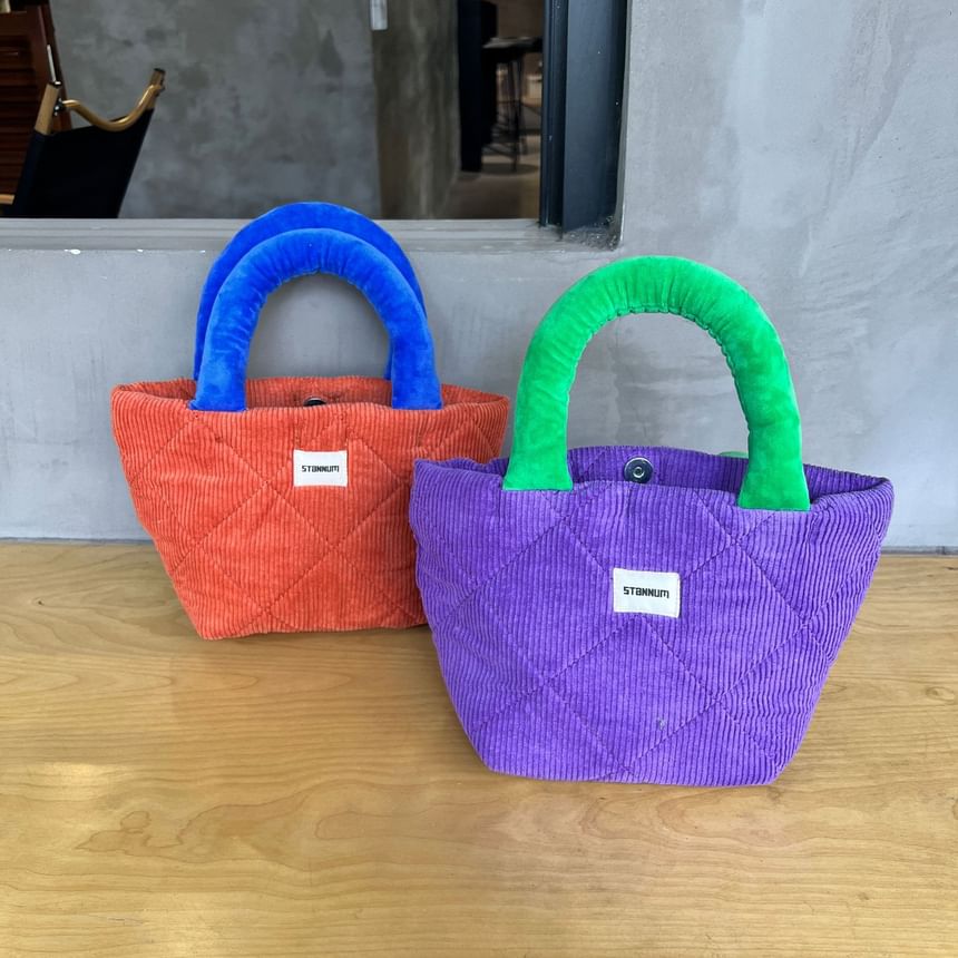 Two Tone Quilted Corduroy Small Tote Bag