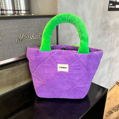 Two Tone Quilted Corduroy Small Tote Bag
