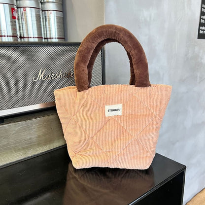 Two Tone Quilted Corduroy Small Tote Bag