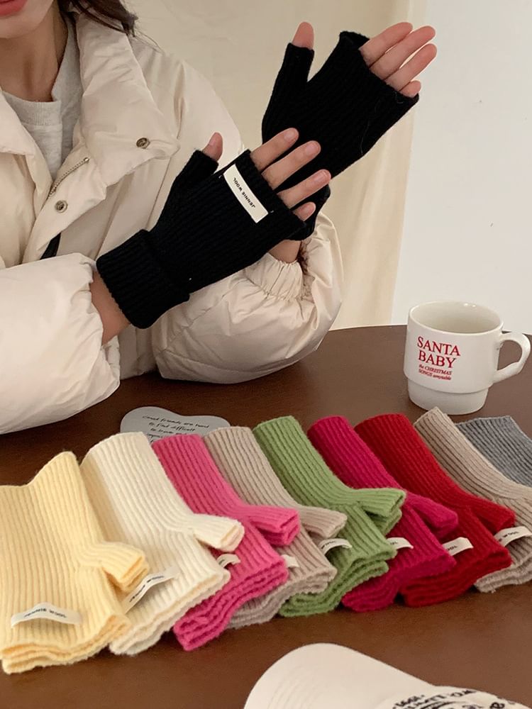 Plain Ribbed Knit Fingerless Gloves