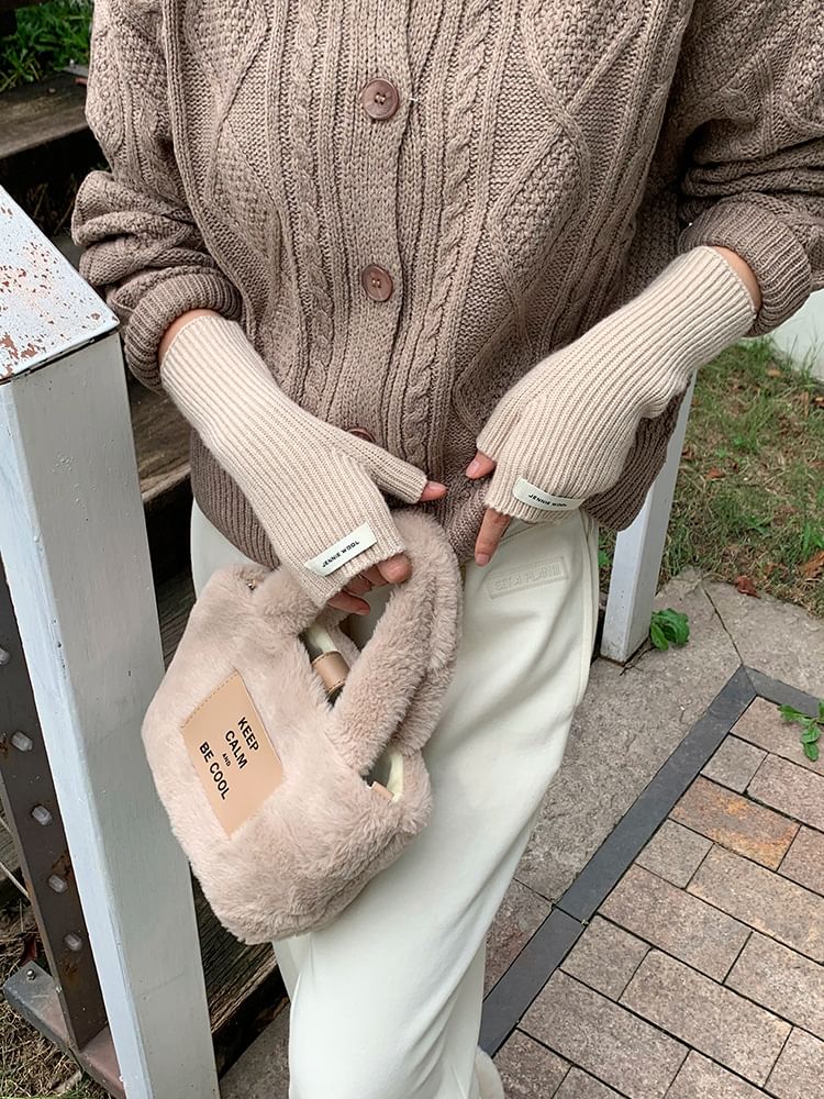 Plain Ribbed Knit Fingerless Gloves