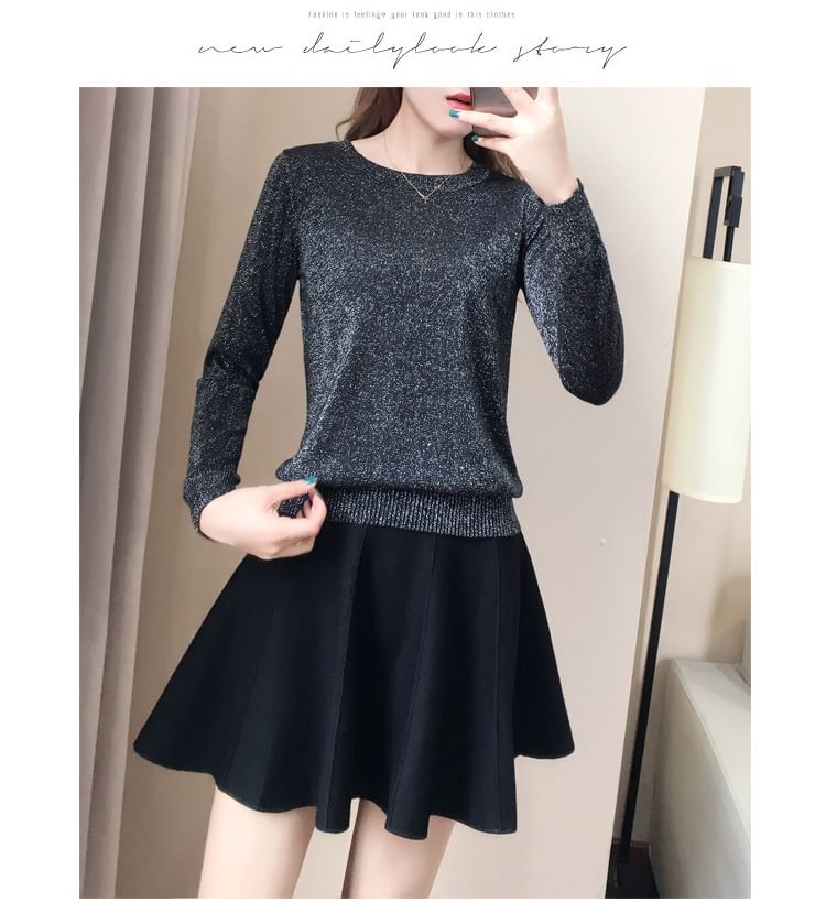 Crew Neck Glitter Sweater / High Waist Plain Mini A