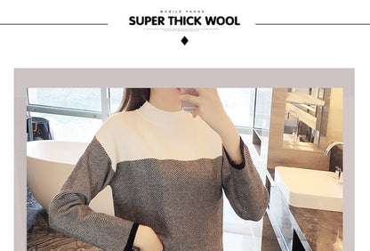 Set: Mock Neck Two Tone Sweater + High Waist Striped Midi Straight Skirt