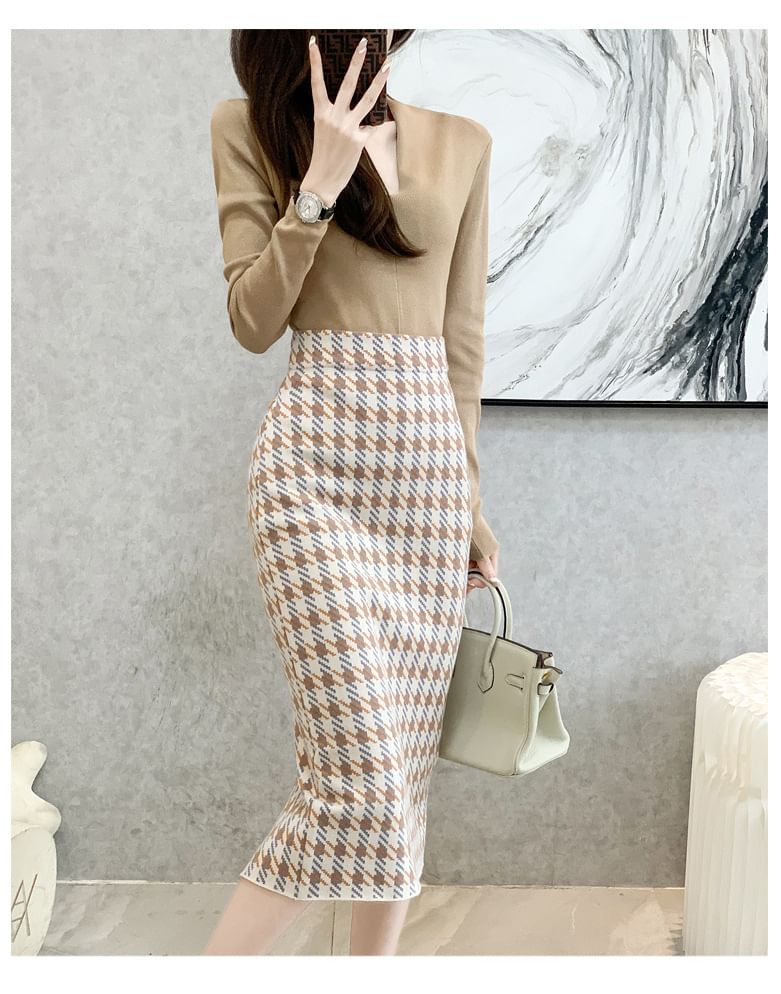 High Waist Houndstooth Midi Pencil Skirt