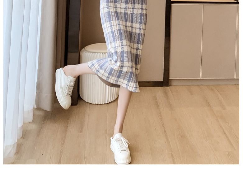 high Waist Plaid Midi Straight Skirt