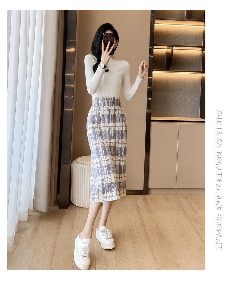 high Waist Plaid Midi Straight Skirt