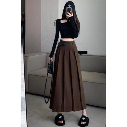 High-Rise Solid Pleated Buckled Midi A-Line Skirt