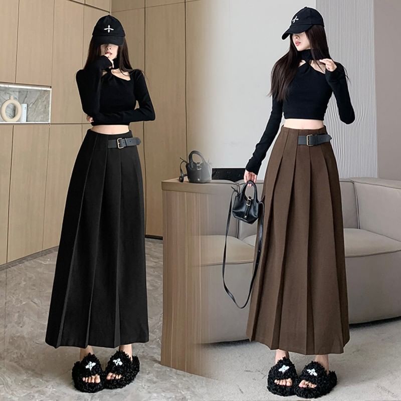 High-Rise Solid Pleated Buckled Midi A-Line Skirt