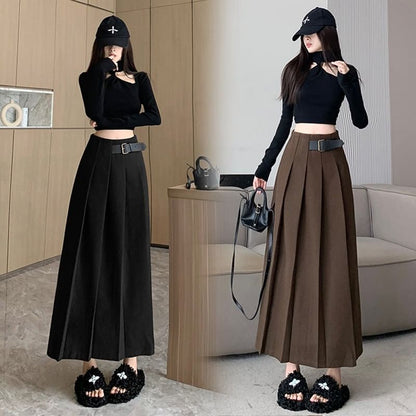 High-Rise Solid Pleated Buckled Midi A-Line Skirt