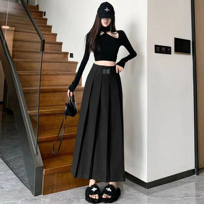High-Rise Solid Pleated Buckled Midi A-Line Skirt