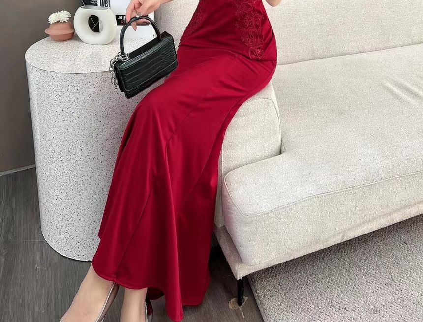 Sleeveless V-Neck Plain Lace Trim Mermaid Evening Dress