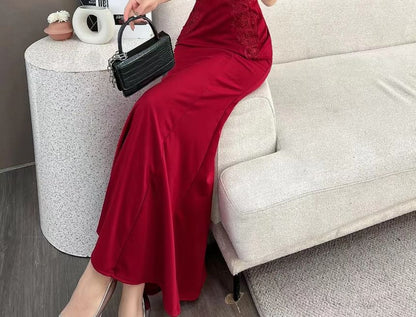Sleeveless V-Neck Plain Lace Trim Mermaid Evening Dress