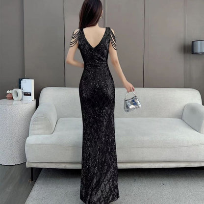 Sleeveless Sequin Side-Slit Trumpet Evening Dress