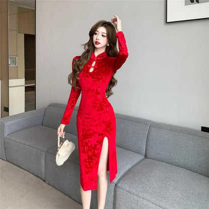 Long-Sleeve Floral Cutout Qipao