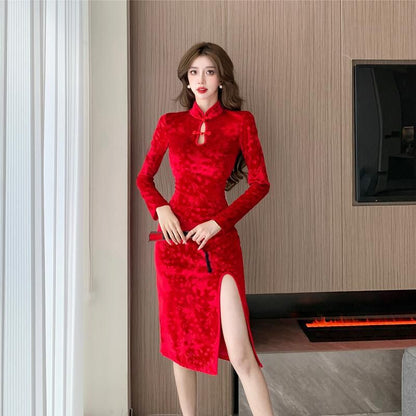 Long-Sleeve Floral Cutout Qipao