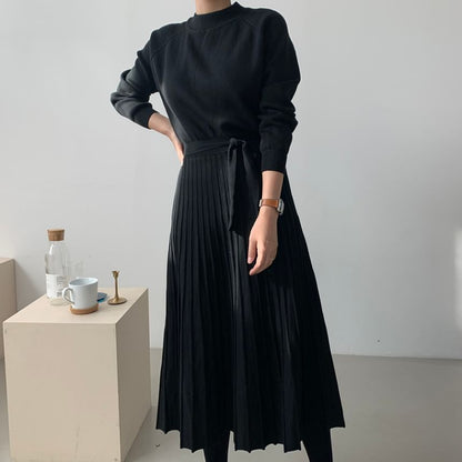 Long-Sleeve Mock Neck Plain Accordion Pleated Midi A-Line Knit Dress