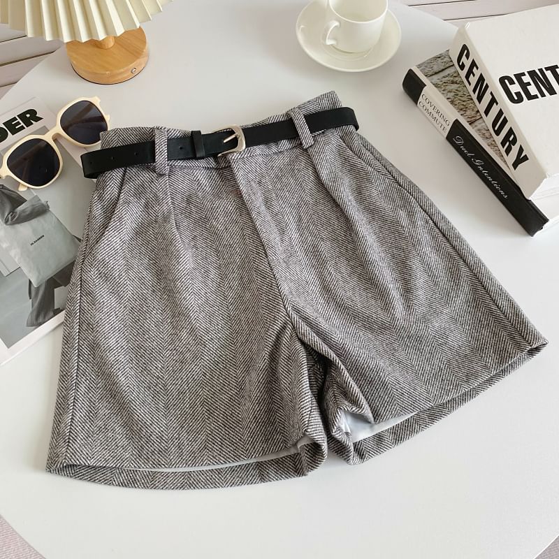 Set: Shorts mit hoher Taille und Unifarben + Gürtel aus Kunstleder