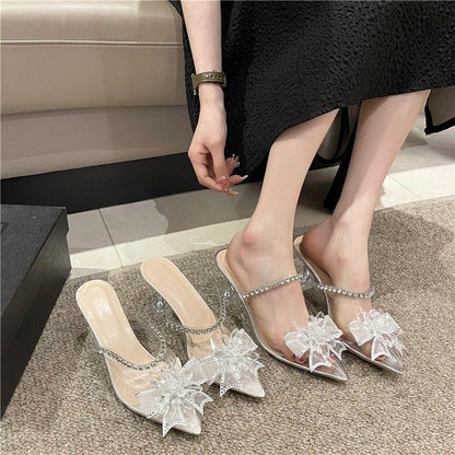Pointed Bow Rhinestone Kitten Heel Mules
