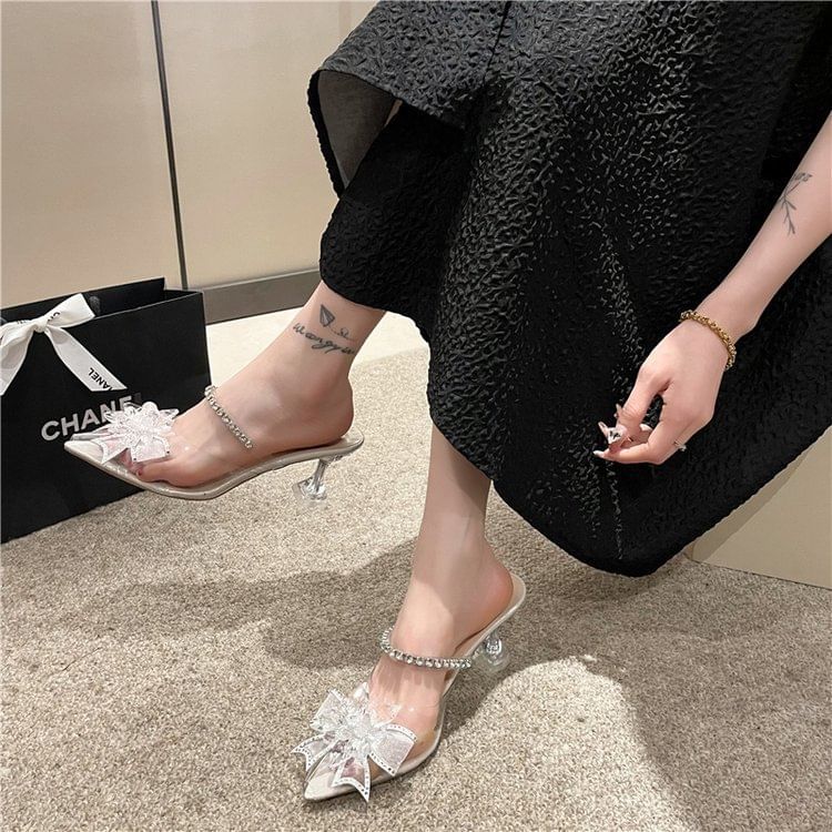 Pointed Bow Rhinestone Kitten Heel Mules