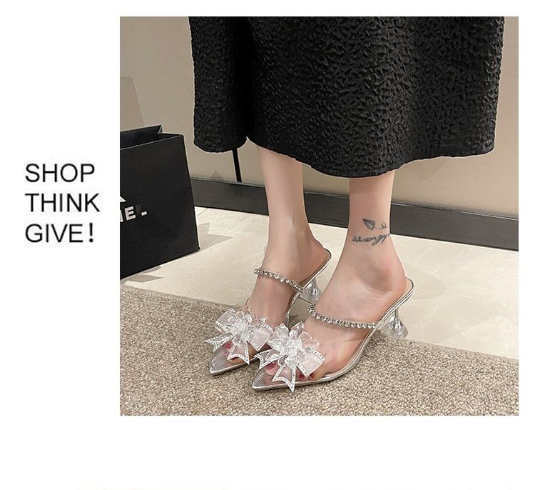 Pointed Bow Rhinestone Kitten Heel Mules
