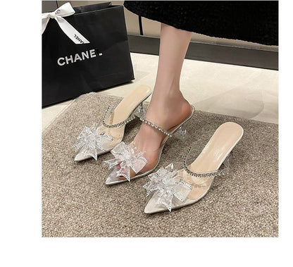 Pointed Bow Rhinestone Kitten Heel Mules