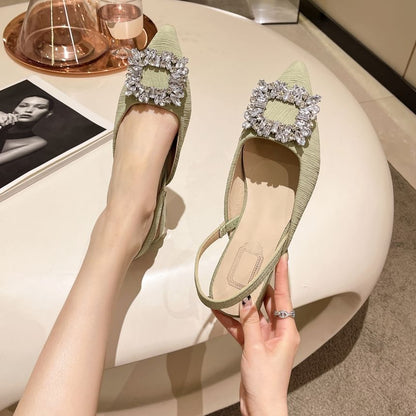 Pointed Rhinestone Slingback Chunky Heel Sandals