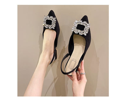 Pointed Rhinestone Slingback Chunky Heel Sandals