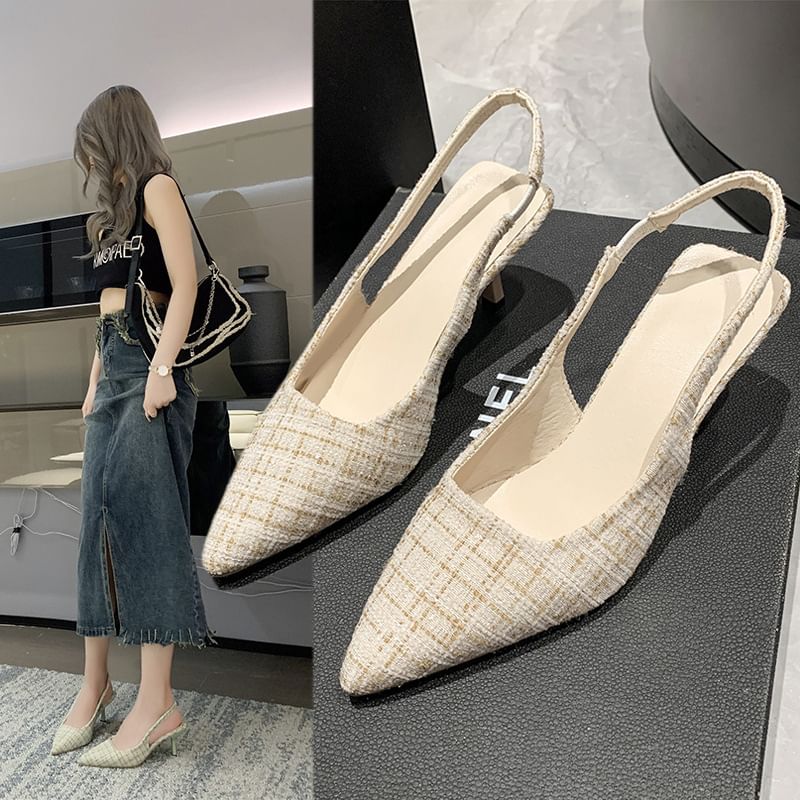 Pointed Plaid Slingback Kitten Heel Sandals